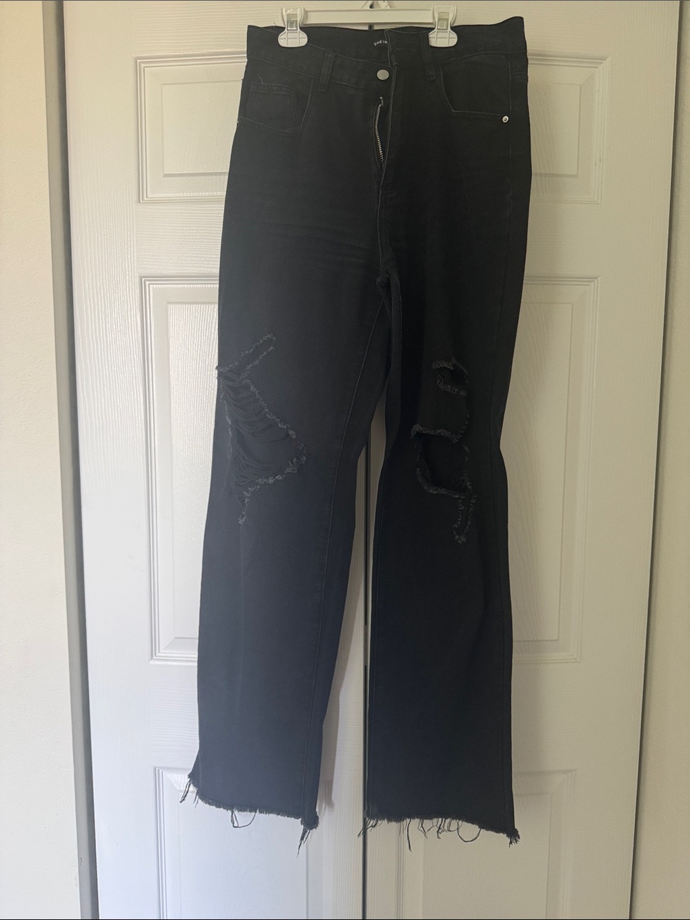 SHEIN Black High-Rise Straight Jeans with Distressed Detail